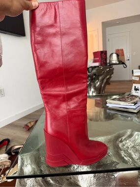 Prada Red Leather Over-the-Knee Wedge Boots